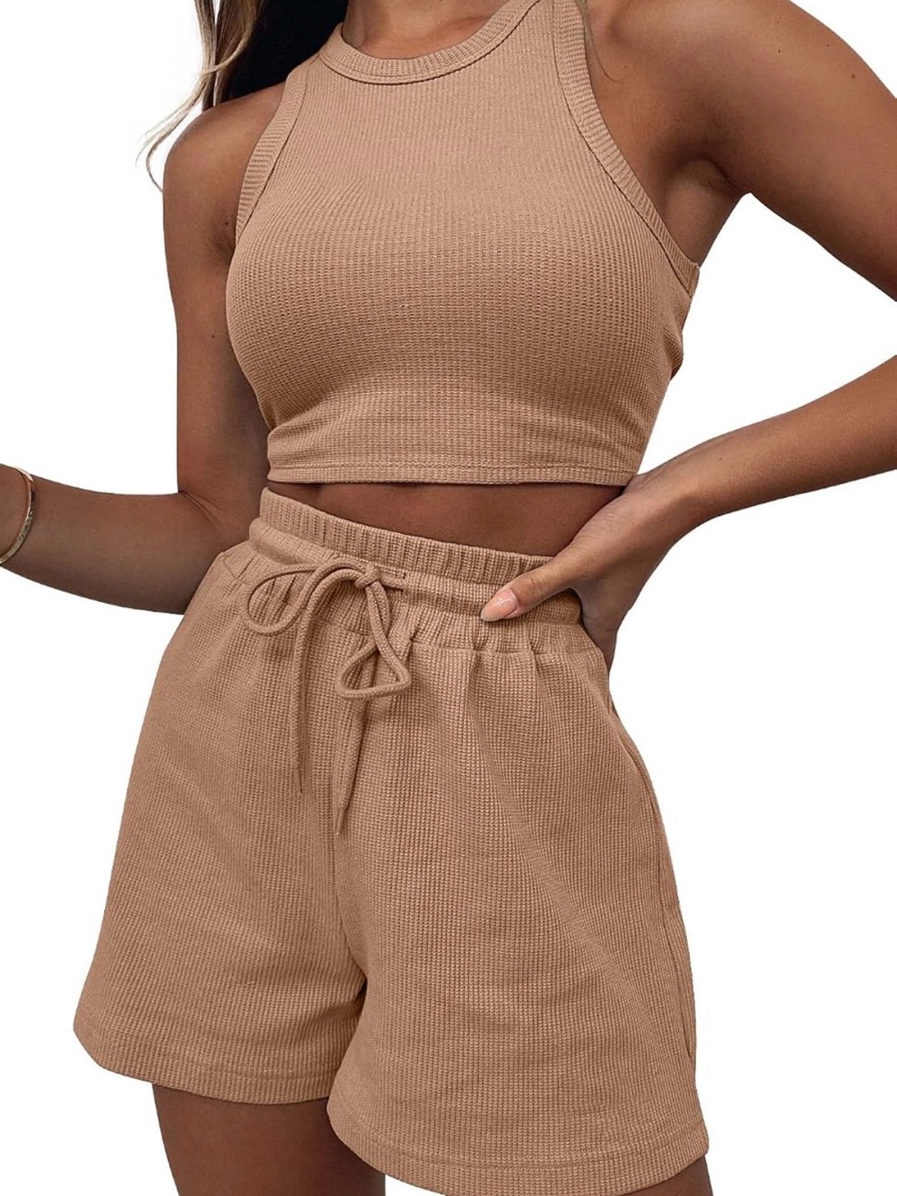 Ribbed High-Waist Drawstring Shorts - Tan -
